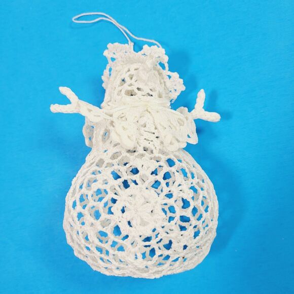 Crochet Snowman Ornament Set Of Three White Starched Glitter Sparkle 6” - Picture 2 of 6